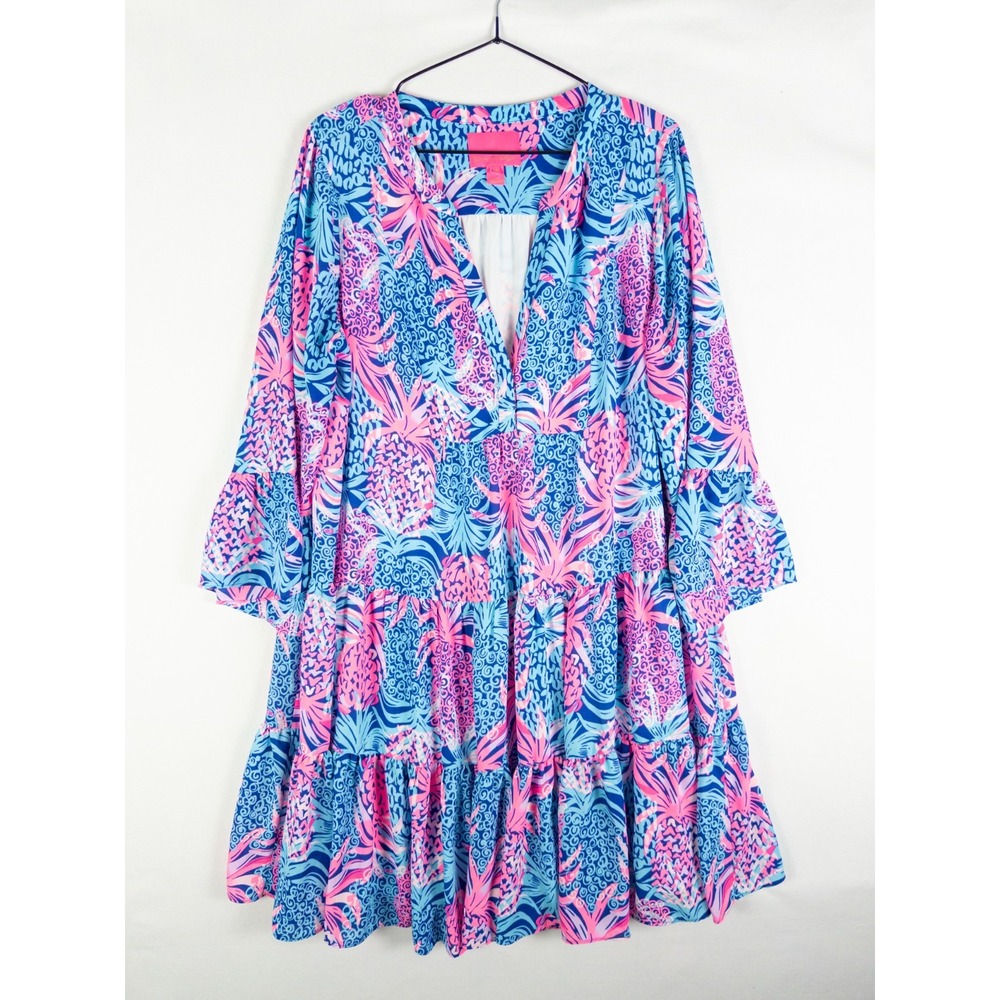 Lilly Pulitzer Gabriel Dress Womens 16 Blue Pink Pineapple Tiered Tunic Ruffle